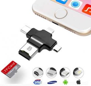 4 in 1 Memory Card Reader/OTG/USB Flash Drive Micro SD/TF Card Reader with Lightning, Type C, , USB & Micro USB Interfaces, for Android/PC/IOS iPhone/iPad/Type C/Mac(Andriod Needs OTG Function)-black